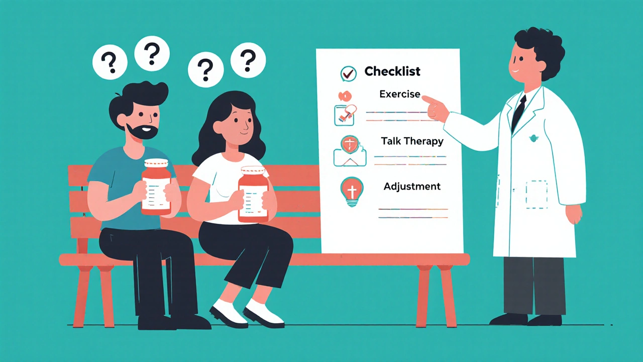 Couple with pill bottles and question marks, doctor pointing to health checklist with exercise and therapy icons.