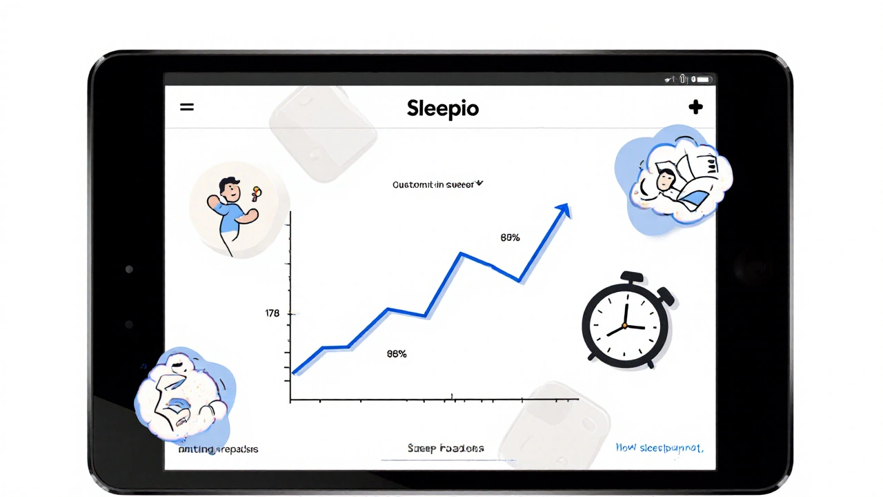 Digital app interface showing improving sleep efficiency with calming icons, rendered in minimalist Swiss illustration style.