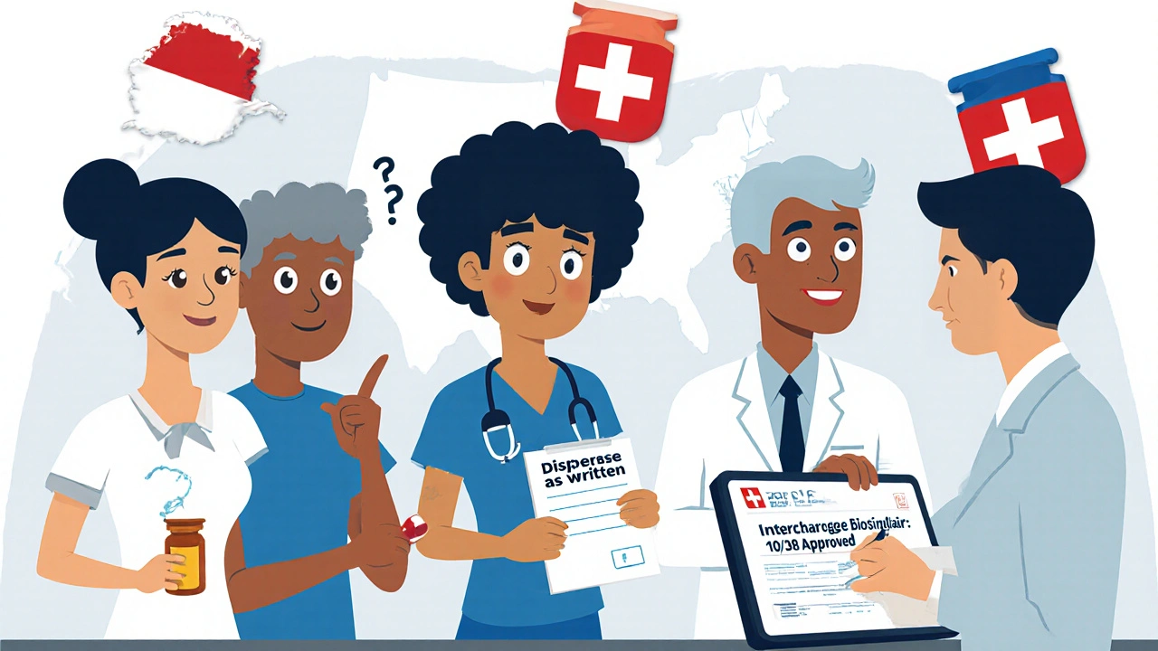 Diverse patients hold medication bottles, each with a state silhouette, one consulting a doctor who writes &#039;dispense as written.&#039;