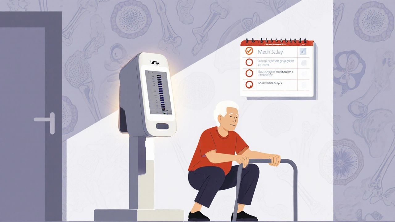 Elderly person doing a squat at home with DEXA scan nearby and daily health checkmarks on calendar.