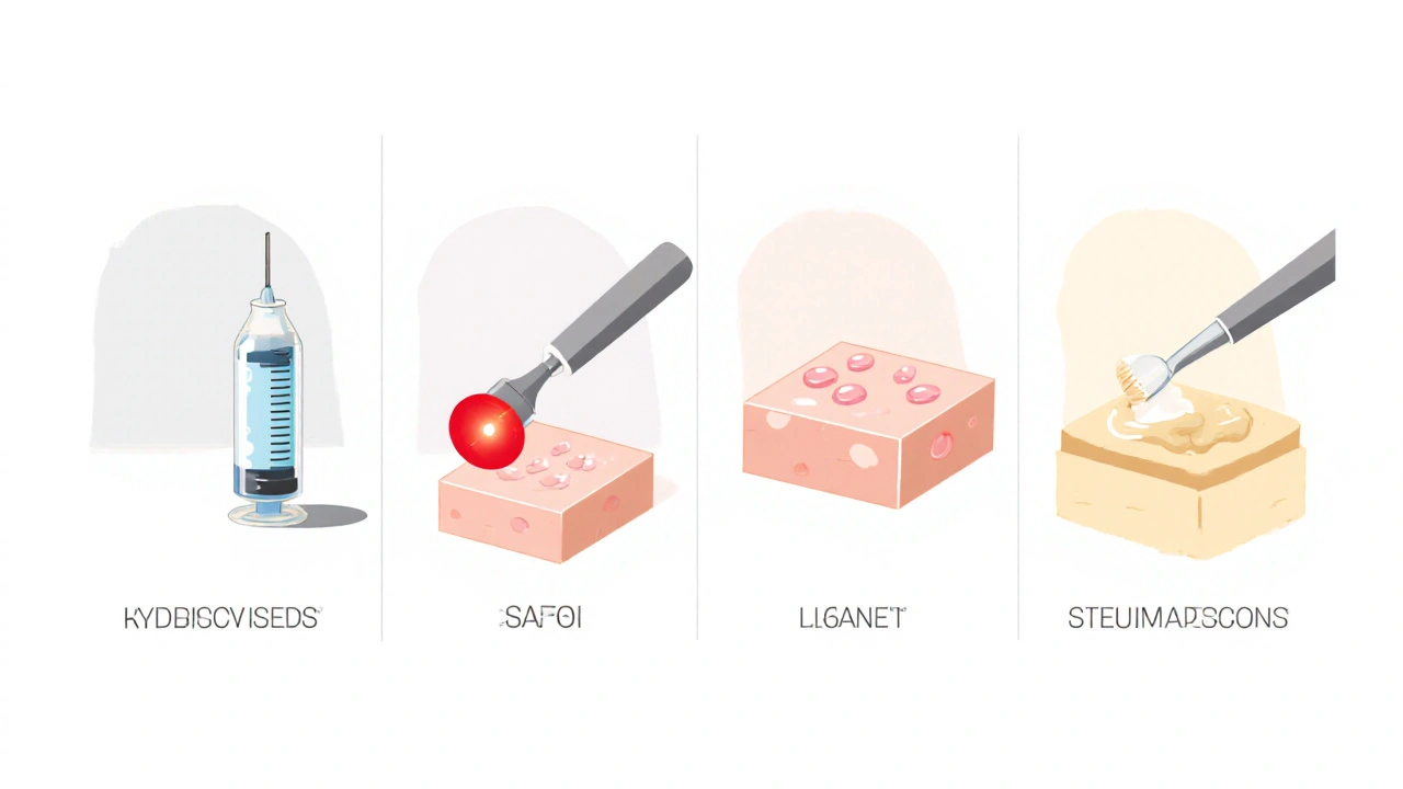 Four skin treatment methods shown as geometric symbols: cryotherapy, light therapy, surgery, and cream.