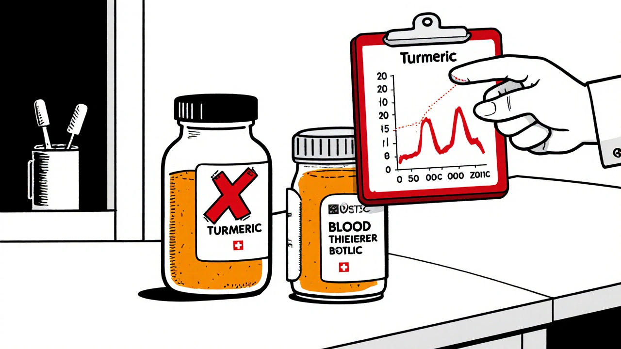 Kitchen counter with turmeric jar crossed out and doctor pointing to rising INR chart.