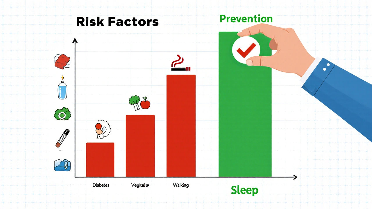 Medical chart comparing kidney risk factors to prevention actions in clean Swiss illustration style.