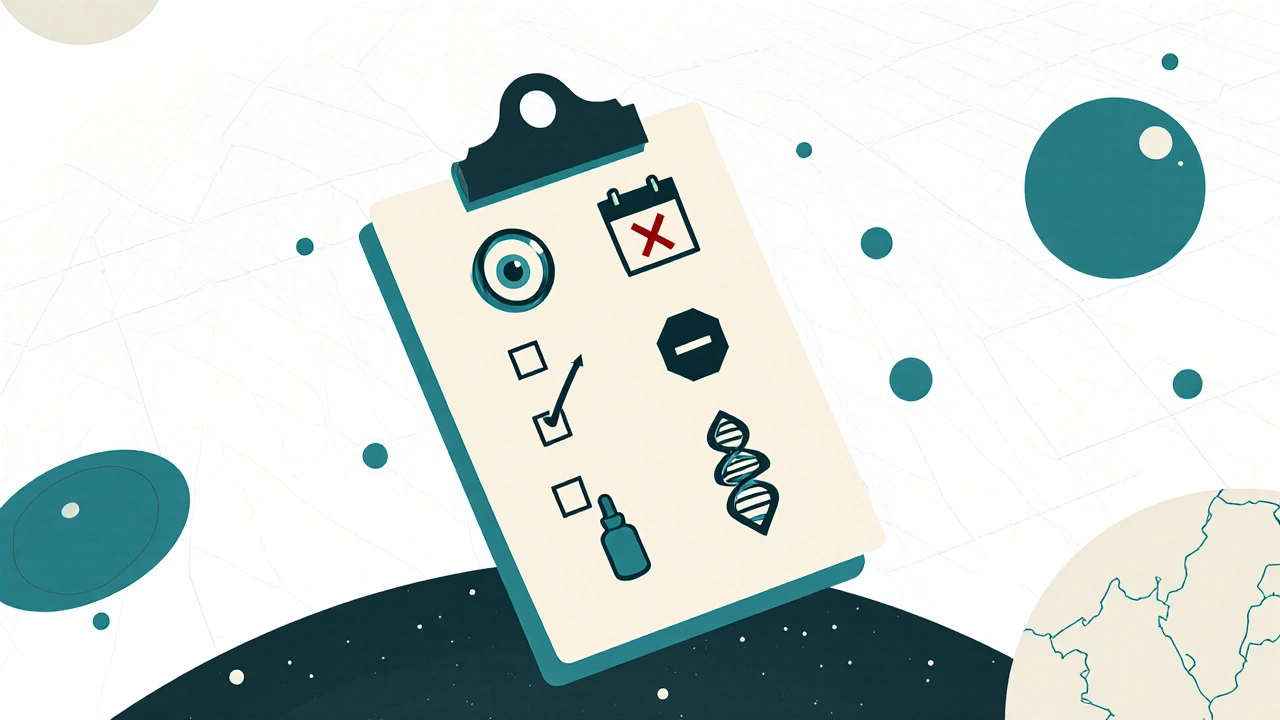 Minimalist checklist with icons for eye exam, time tracking, pressure monitoring, stopping drops, and genetic testing.