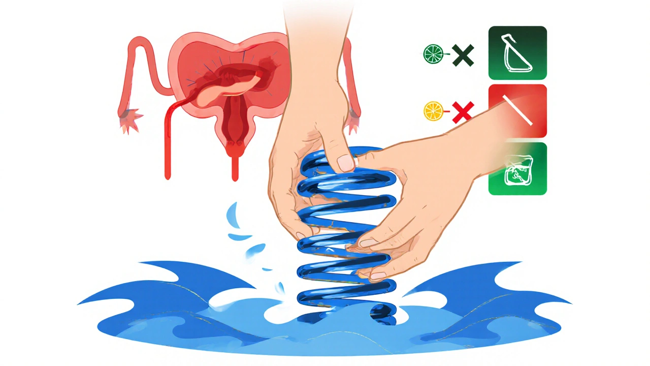 Pelvic floor muscles relaxing under therapeutic hands, with dietary triggers crossed out in Swiss style.