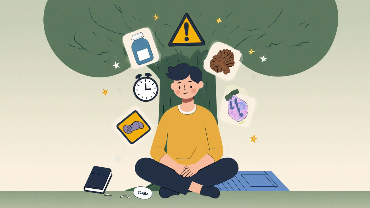 Person relaxed under tree, dangerous supplements nearby, GABA pill discarded on ground