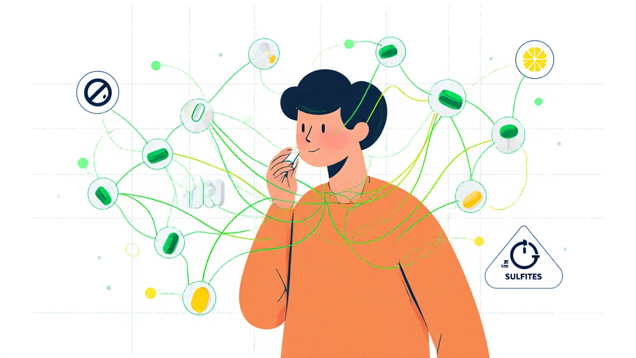 Person taking multiple pills with molecular threads showing active and inactive ingredient effects on the body.