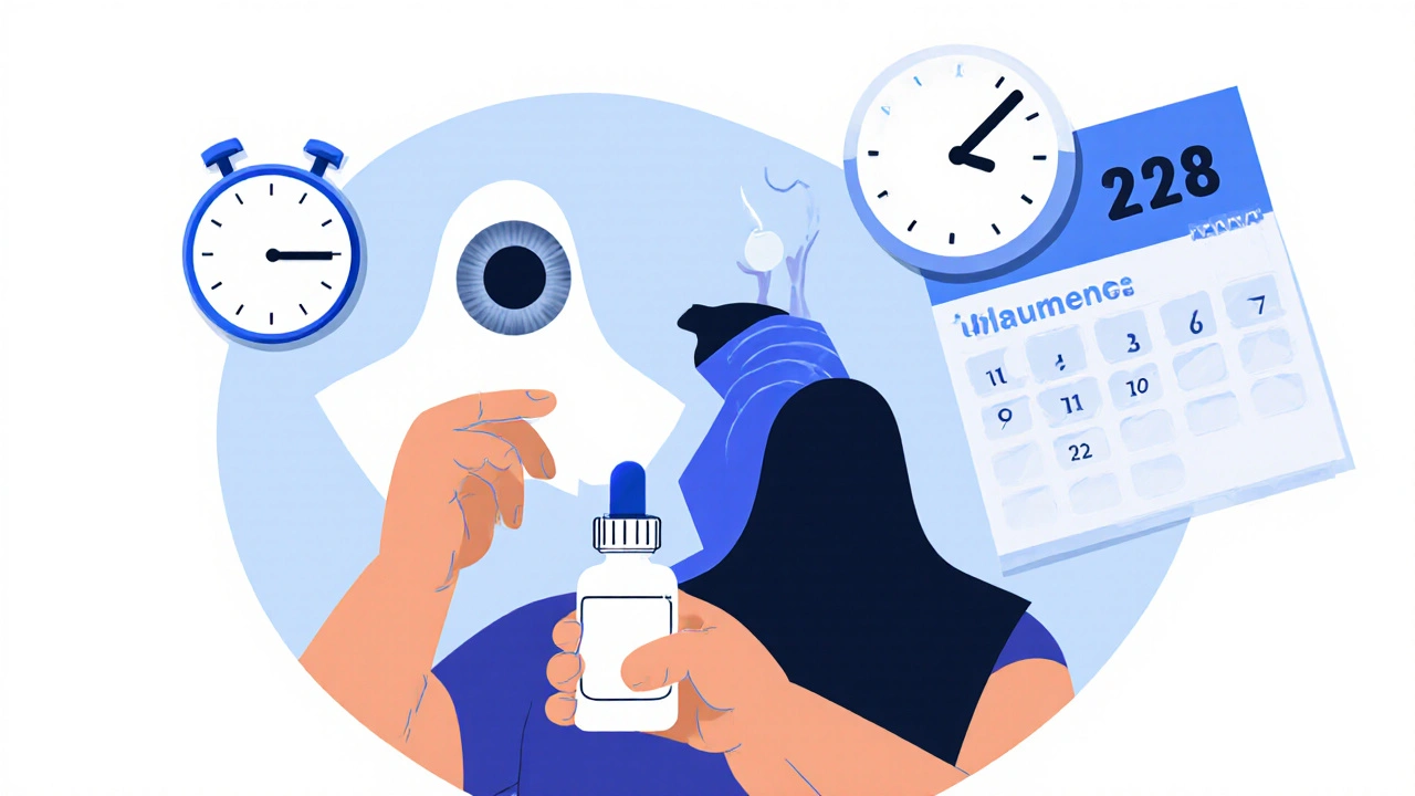 Person with pill and eye drops, ghostly cataract and pressure figures emerging, clock and calendar in background.