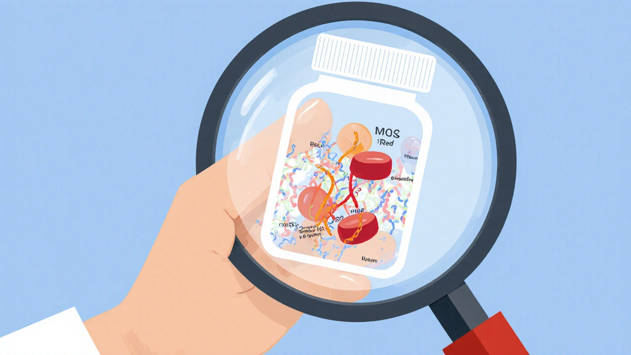 Pharmacist examining a pill with magnifying glass, revealing hidden protein-excipent interactions.