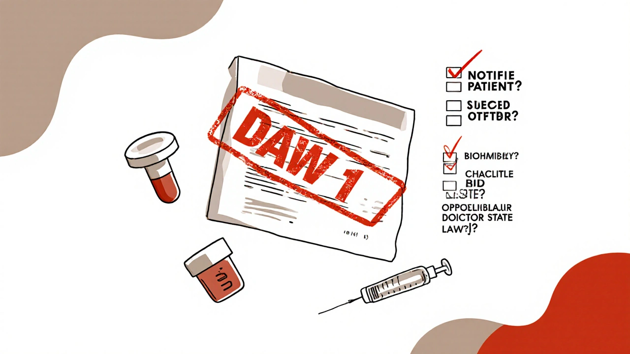 Prescription label with &#039;DAW 1&#039; stamp, surrounded by icons of NTI drugs and biosimilars in clean Swiss design.