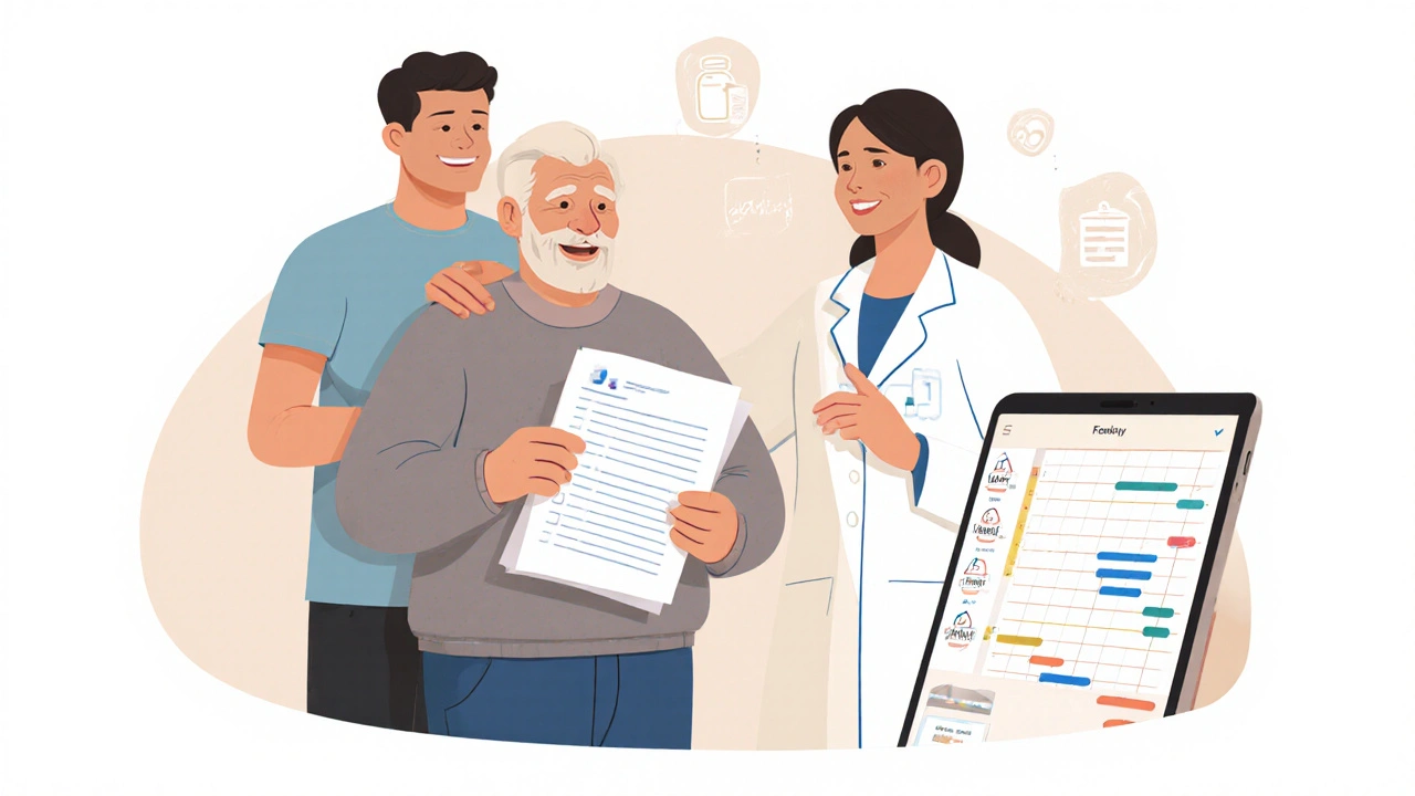 Senior and pharmacist reviewing medication list with family support.