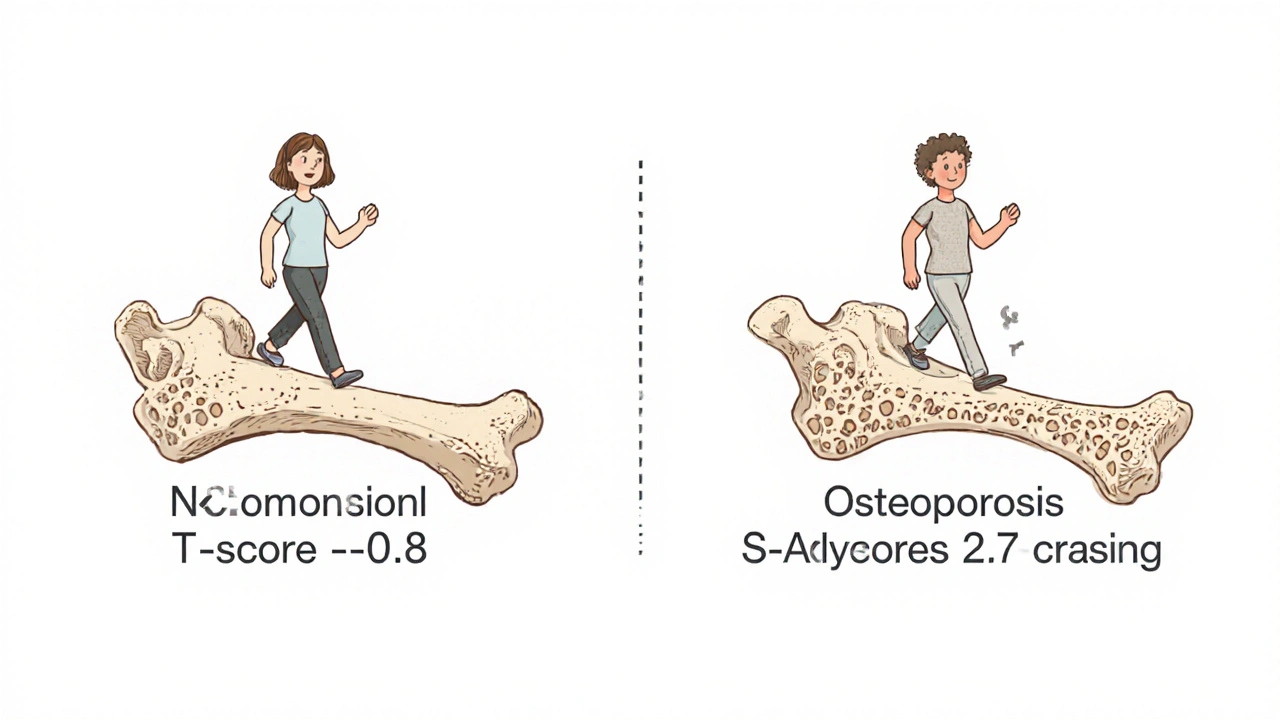 Side-by-side comparison of healthy and porous bone structures with figures walking on them.