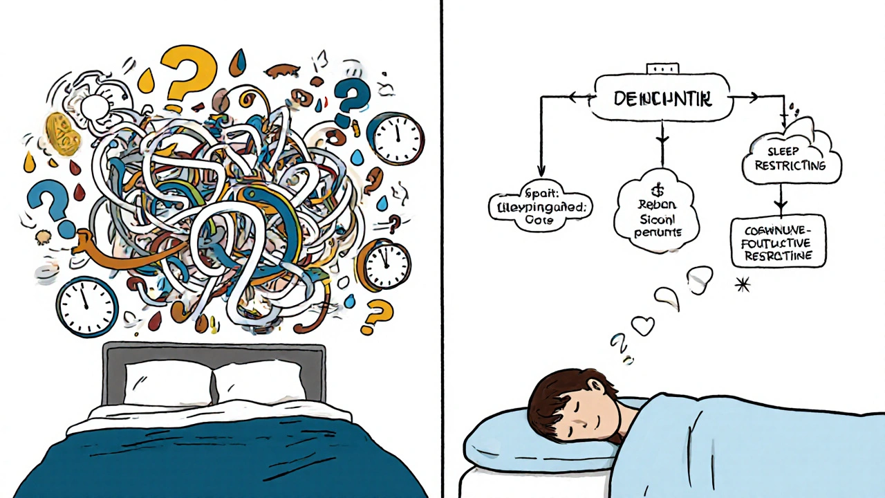 Split illustration contrasting anxious thoughts above a bed with structured CBT-I techniques forming a calming flowchart.