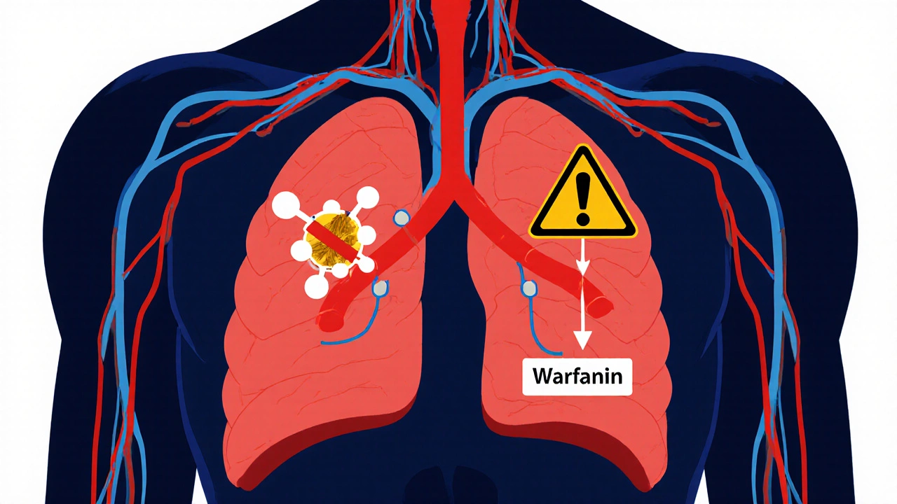 Transparent human torso with blocked blood clotting pathways marked by turmeric symbol and warfarin.