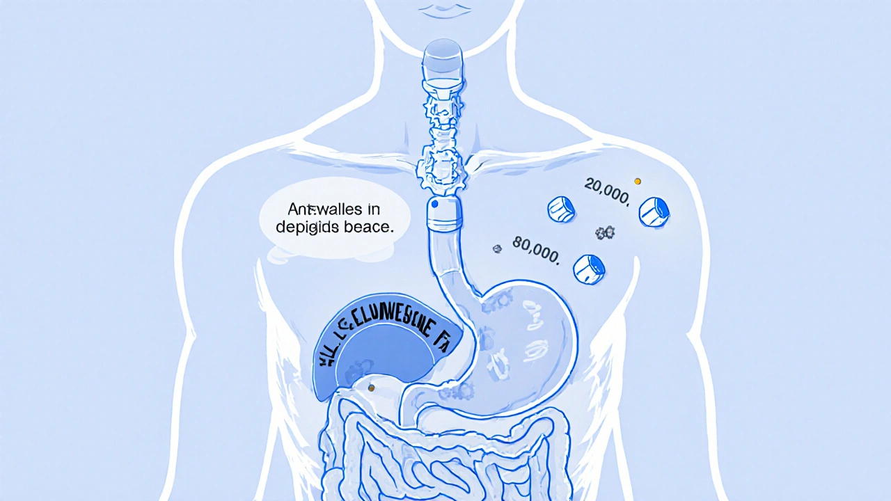 Transparent torso showing digestive enzymes breaking down fat during a meal with precise dosage markers.