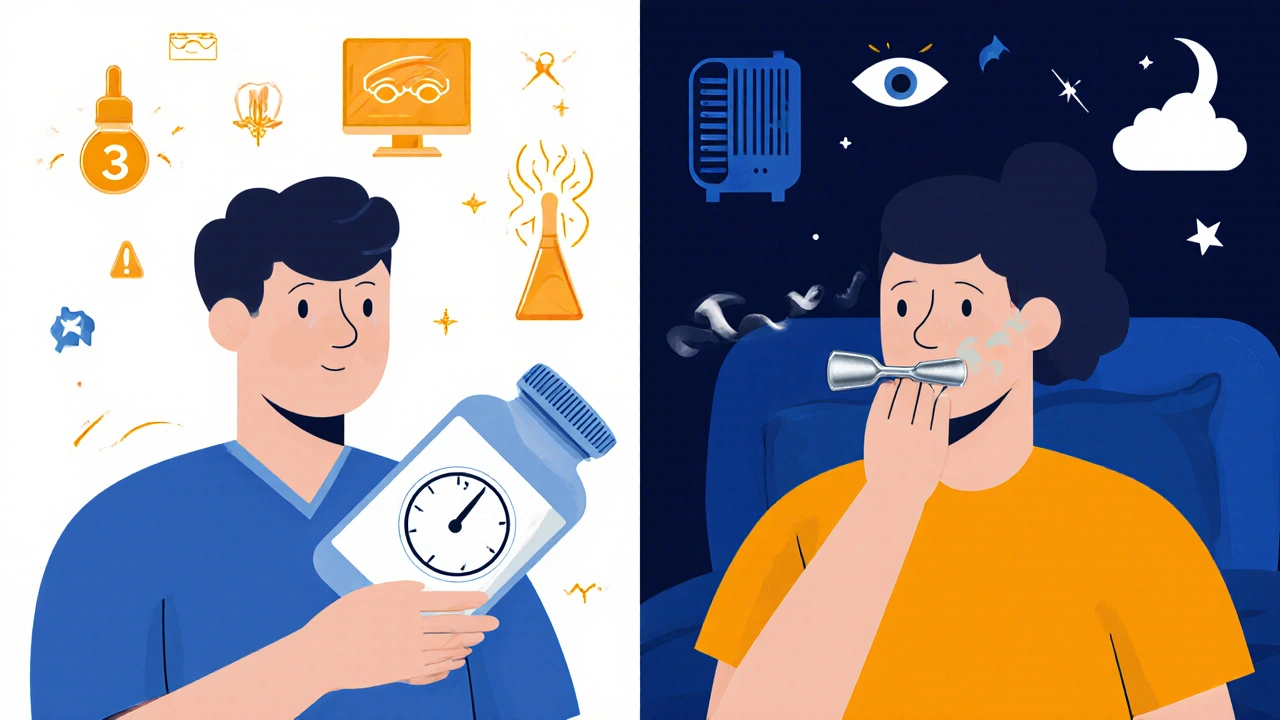 Two patients using dry eye treatments: one with refrigerated drops and a timeline, the other using drops at night with metallic taste icon.