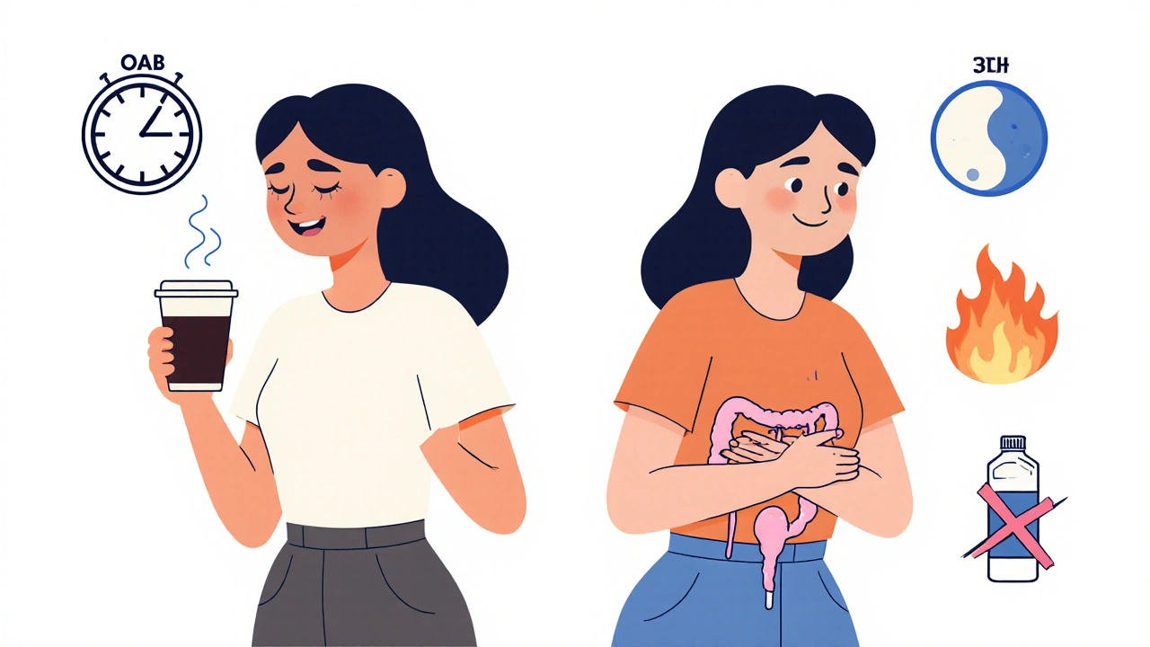 Two women experiencing overactive bladder and interstitial cystitis symptoms, shown with symbolic icons.