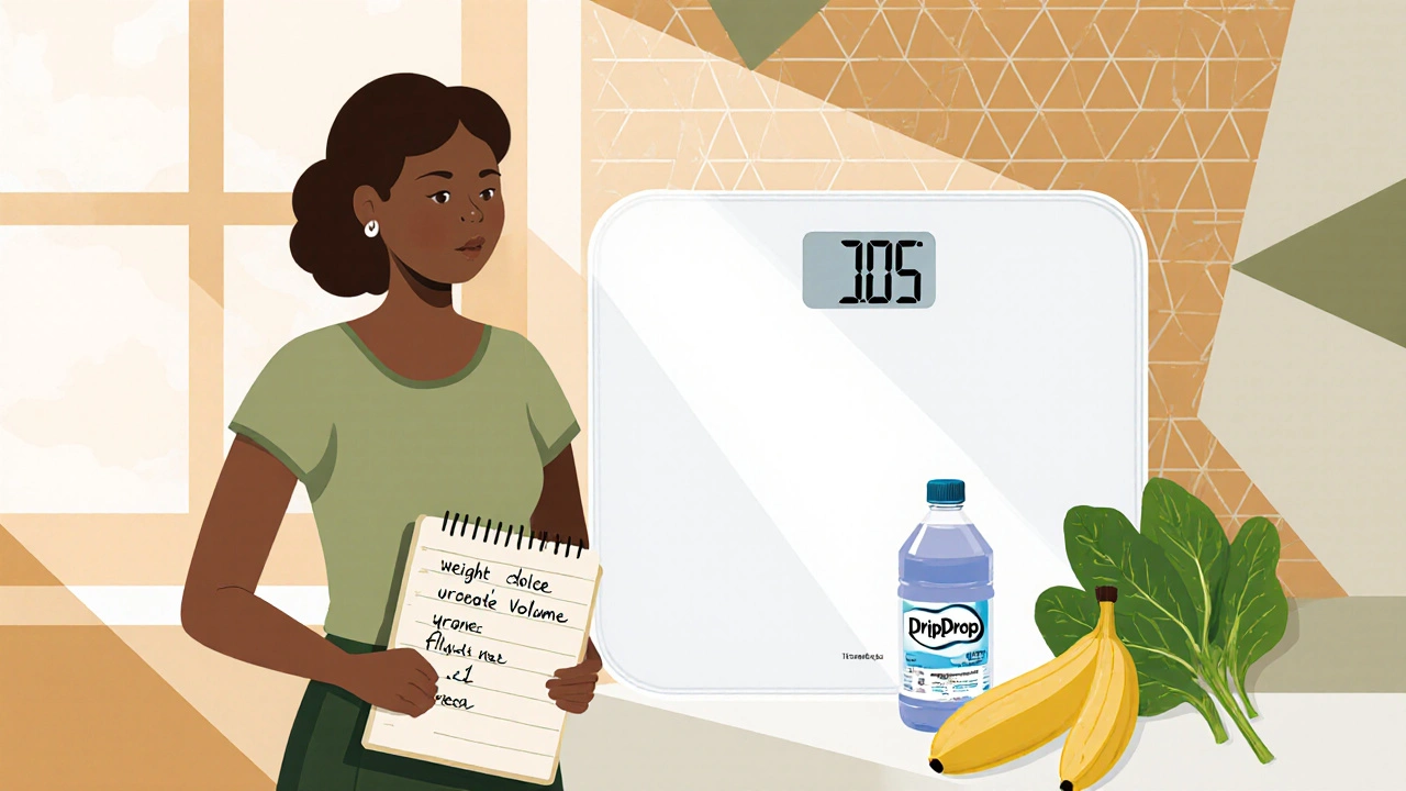 Woman weighing herself in the morning with notebook and electrolyte drink nearby.