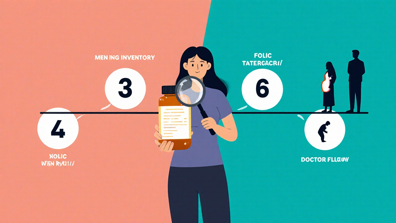 Woman with magnifying glass over prenatal vitamin, timeline leading to a baby silhouette.
