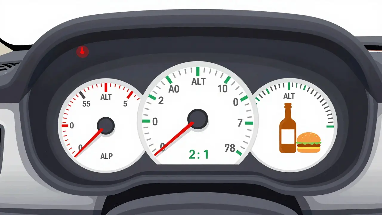 A car dashboard with liver enzyme gauges, one spiked to red, beside icons of alcohol and food, illustrating AST:ALT ratio.