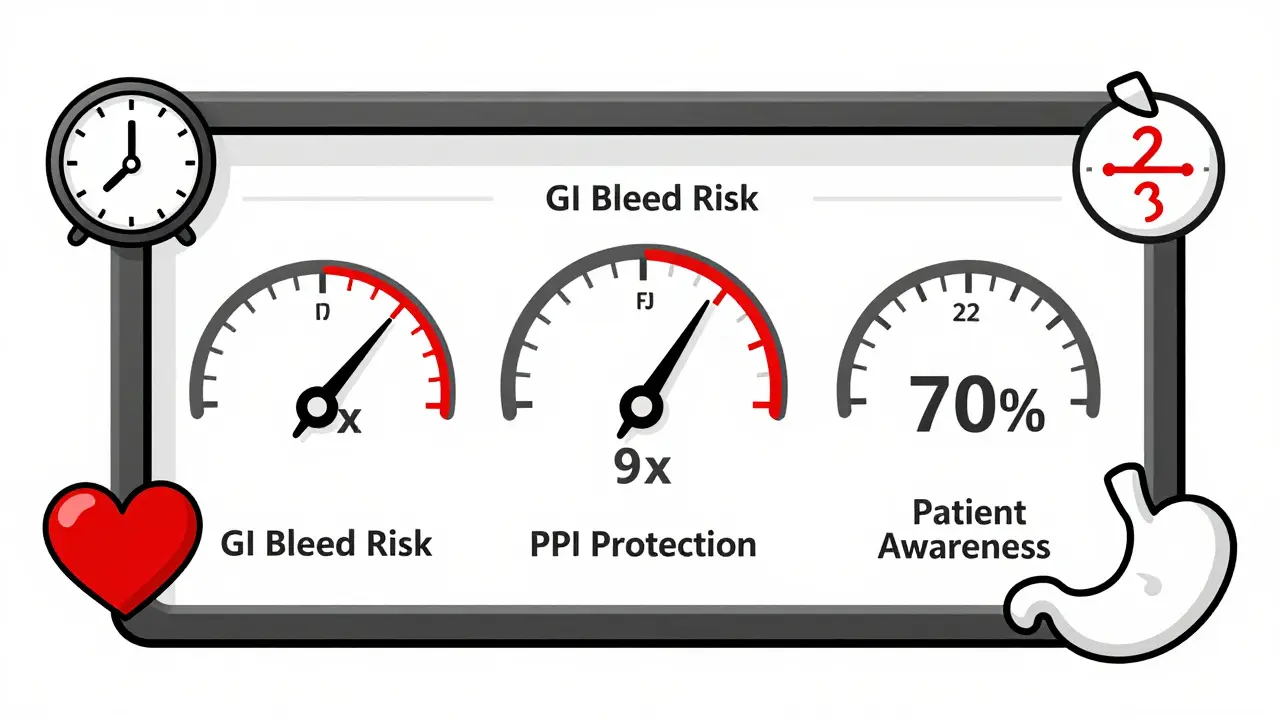 A medical dashboard with risk gauges showing high GI bleed danger and low patient awareness, in Swiss design style.