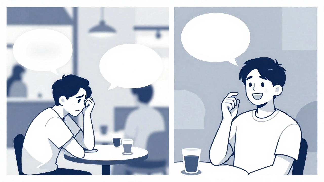 A person struggling to understand speech in noise on one side, then clearly hearing on the other in a split illustration.