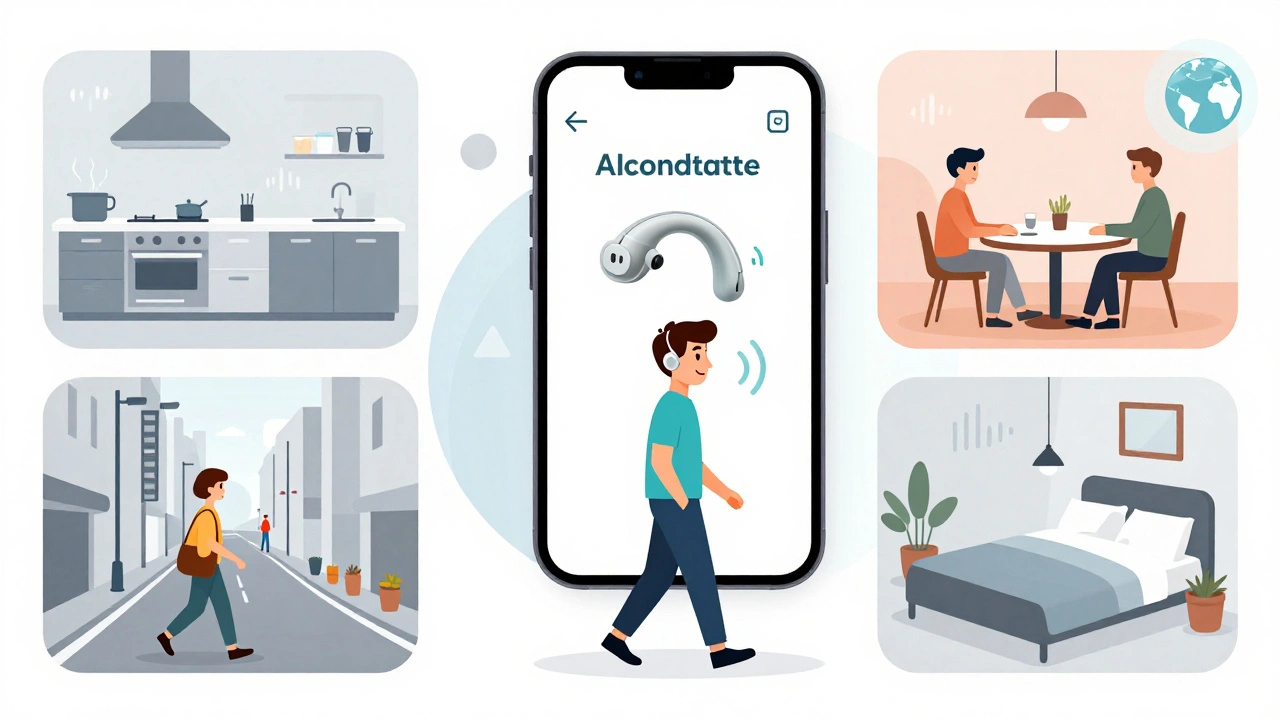 A person walking through four abstract environments as their hearing aid app automatically adjusts settings with geometric sound patterns.