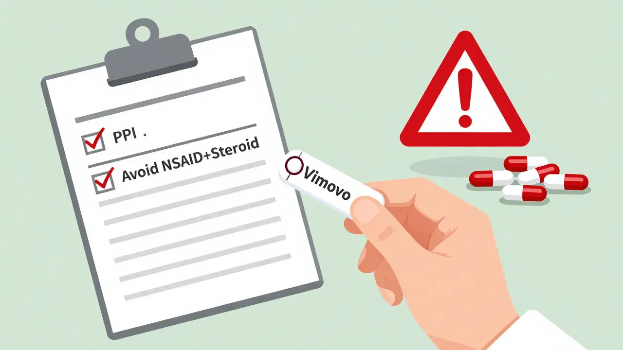 A pharmacist handing a combined Vimovo pill to a patient, with warning symbols above separated NSAID and steroid pills.