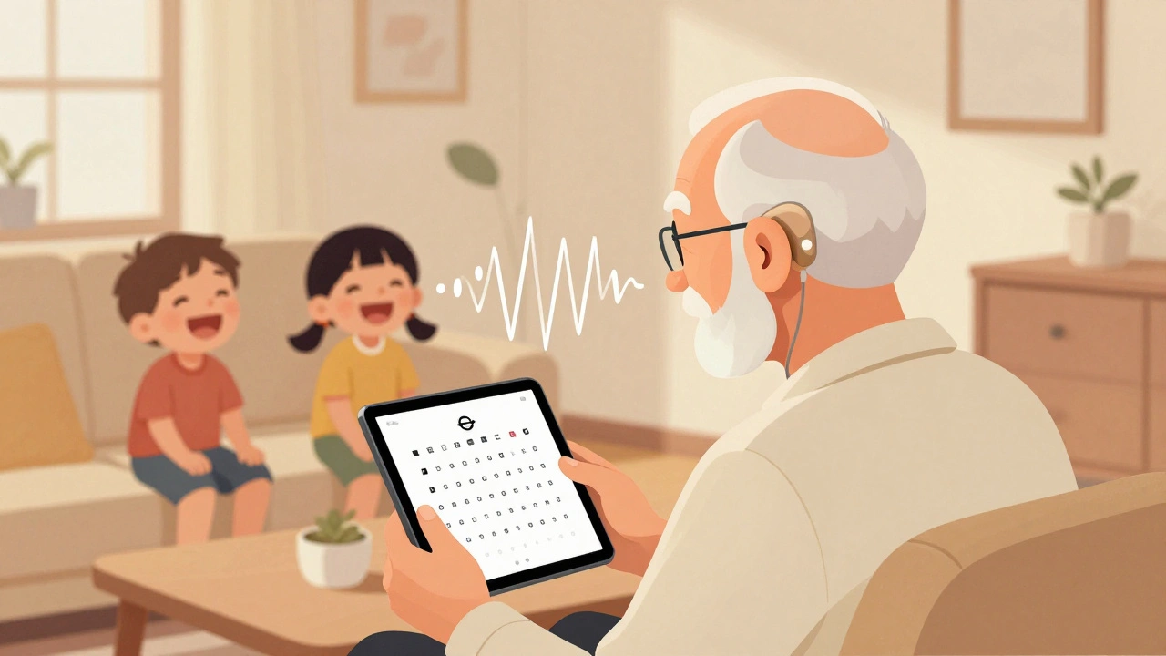 An older adult with bimodal hearing devices listening to grandchildren, sound waves flowing gently into their ears.