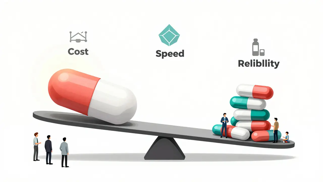 Balance scale comparing U.S.-made and foreign generic drugs, with patients and regulators observing.