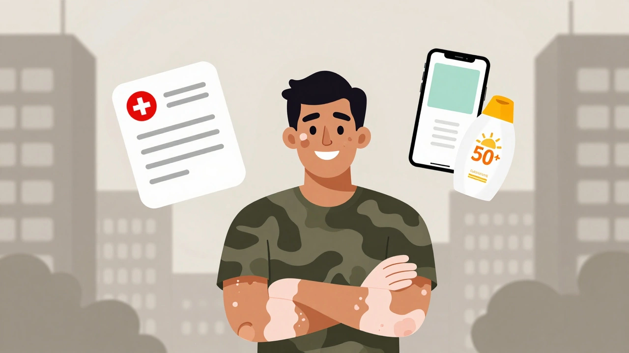 Confident person with camouflaged vitiligo, surrounded by medical and tech icons.