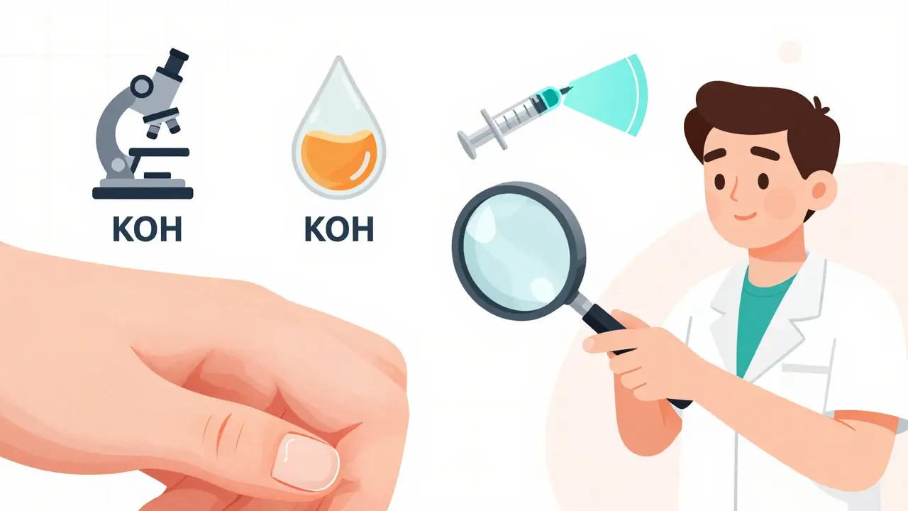 Dermatologist examining a nail with diagnostic icons floating above in a clean Swiss-style layout.
