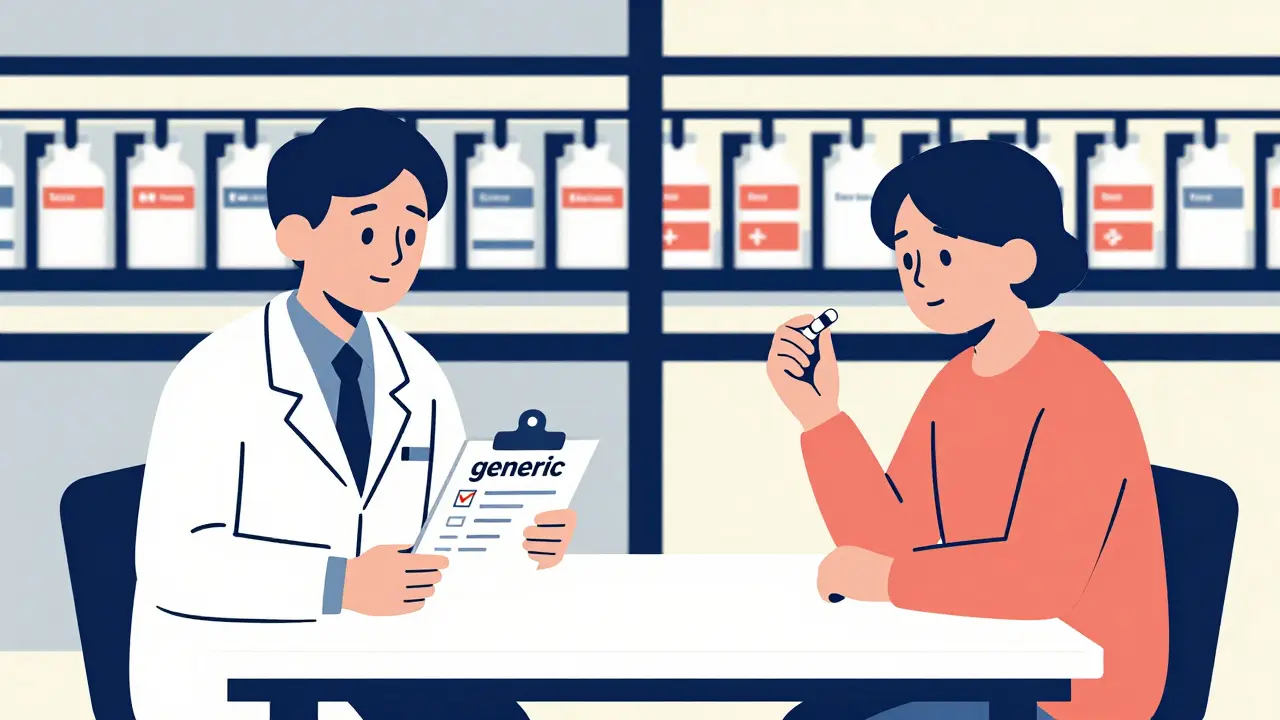 Doctor and patient at a table, doctor holding prescription for generic medication, patient holding differently shaped pill, factory lines visible in background.