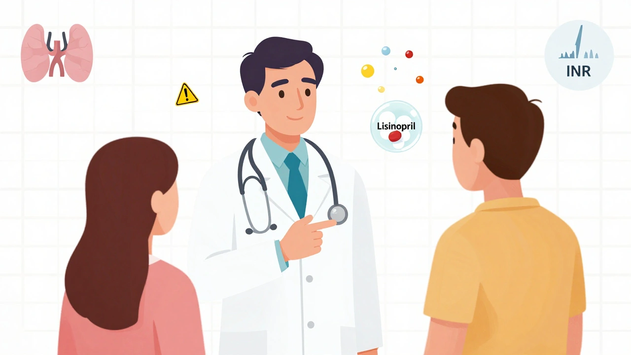 Doctor and pharmacist explaining pill composition with active and inactive ingredients visualized