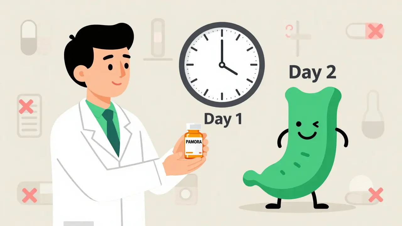 Doctor gives PAMORA pill to patient as gut icon moves normally, with medication icons crossed out.