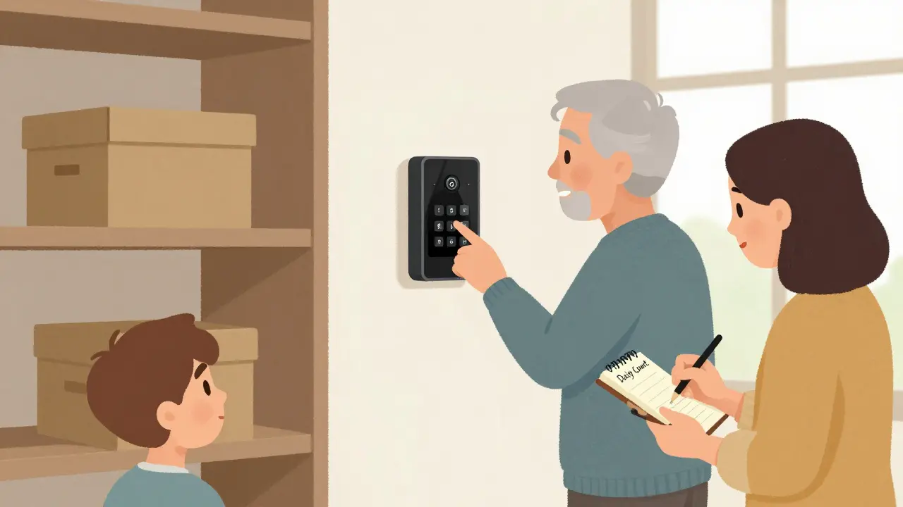 Family interacting with locked medication box and daily log, clean minimalist scene.