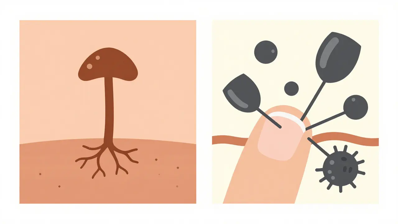 Fungus spreading under a nail versus immune cells attacking the nail matrix in abstract form.