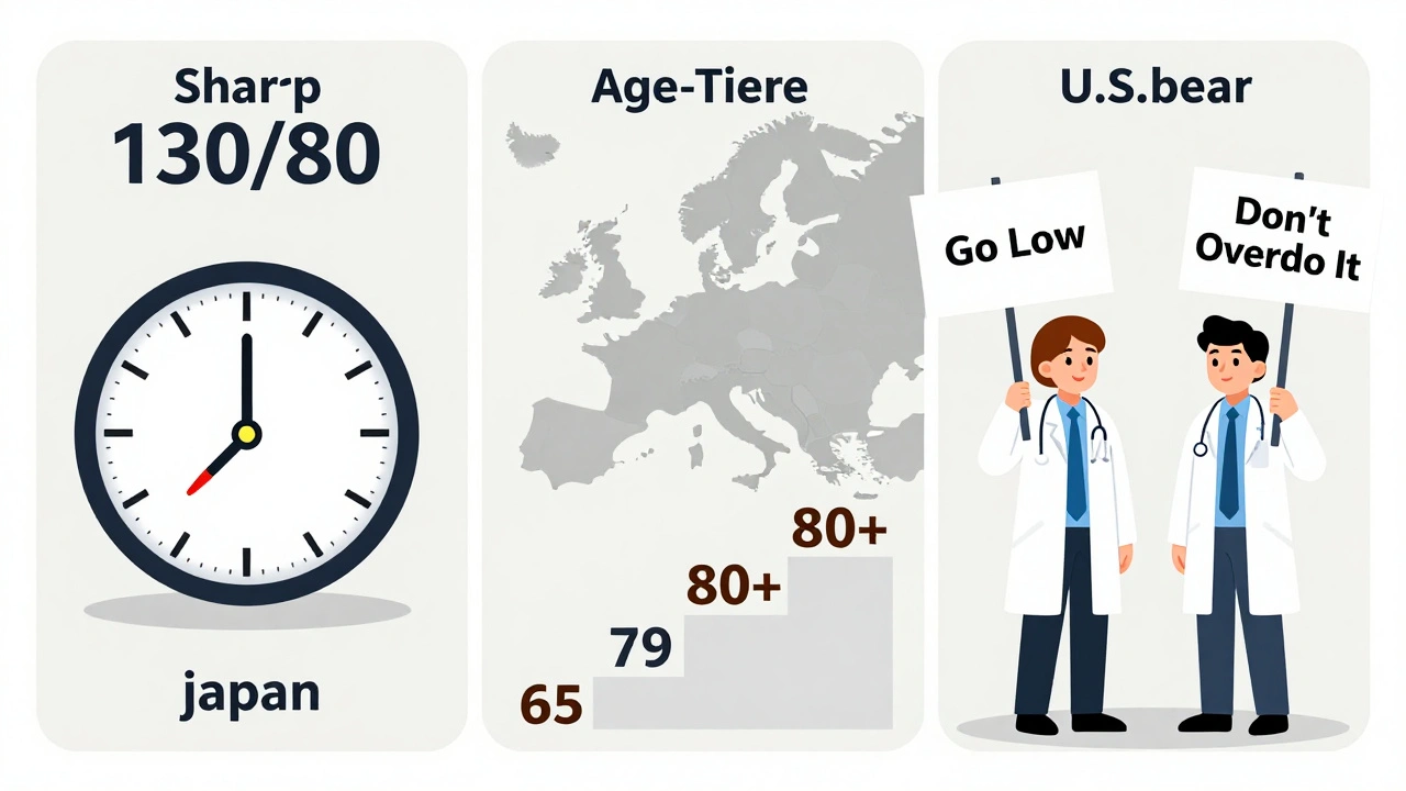 Global blood pressure guidelines illustrated as geometric panels showing Japan, Europe, and U.S. approaches.