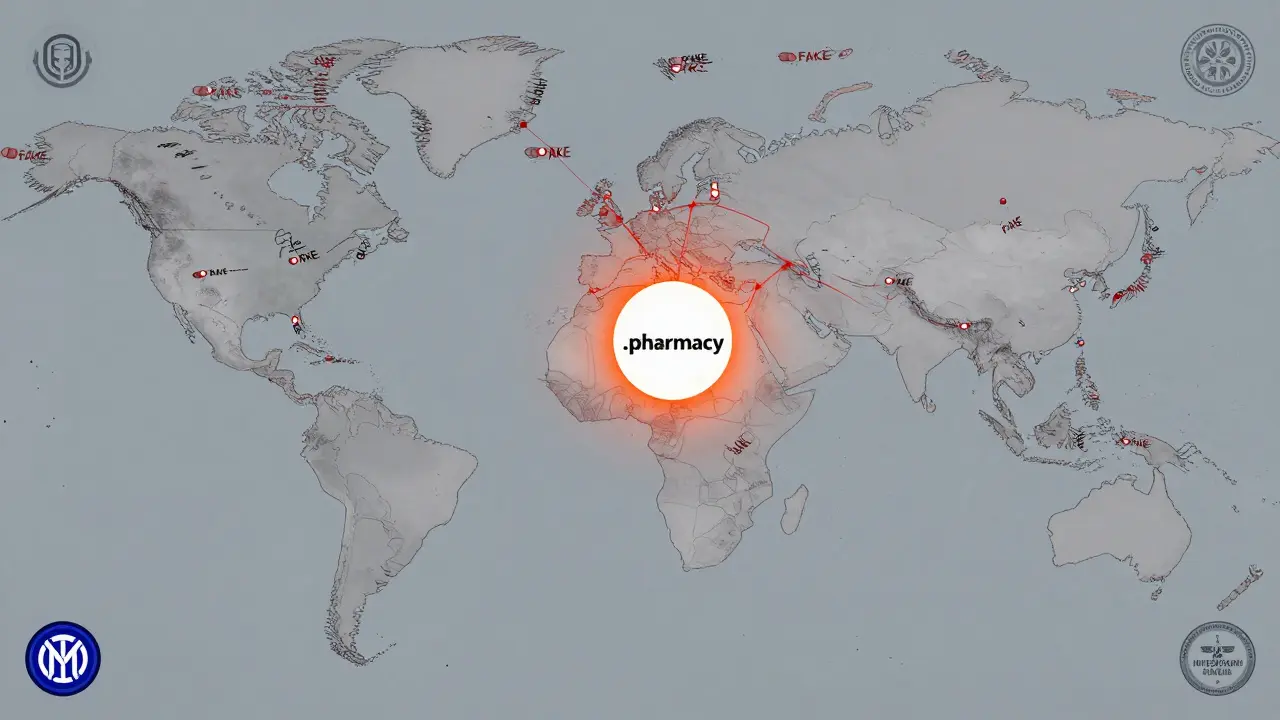 Global map tracing counterfeit drug routes with one verified pharmacy symbol glowing in the center.