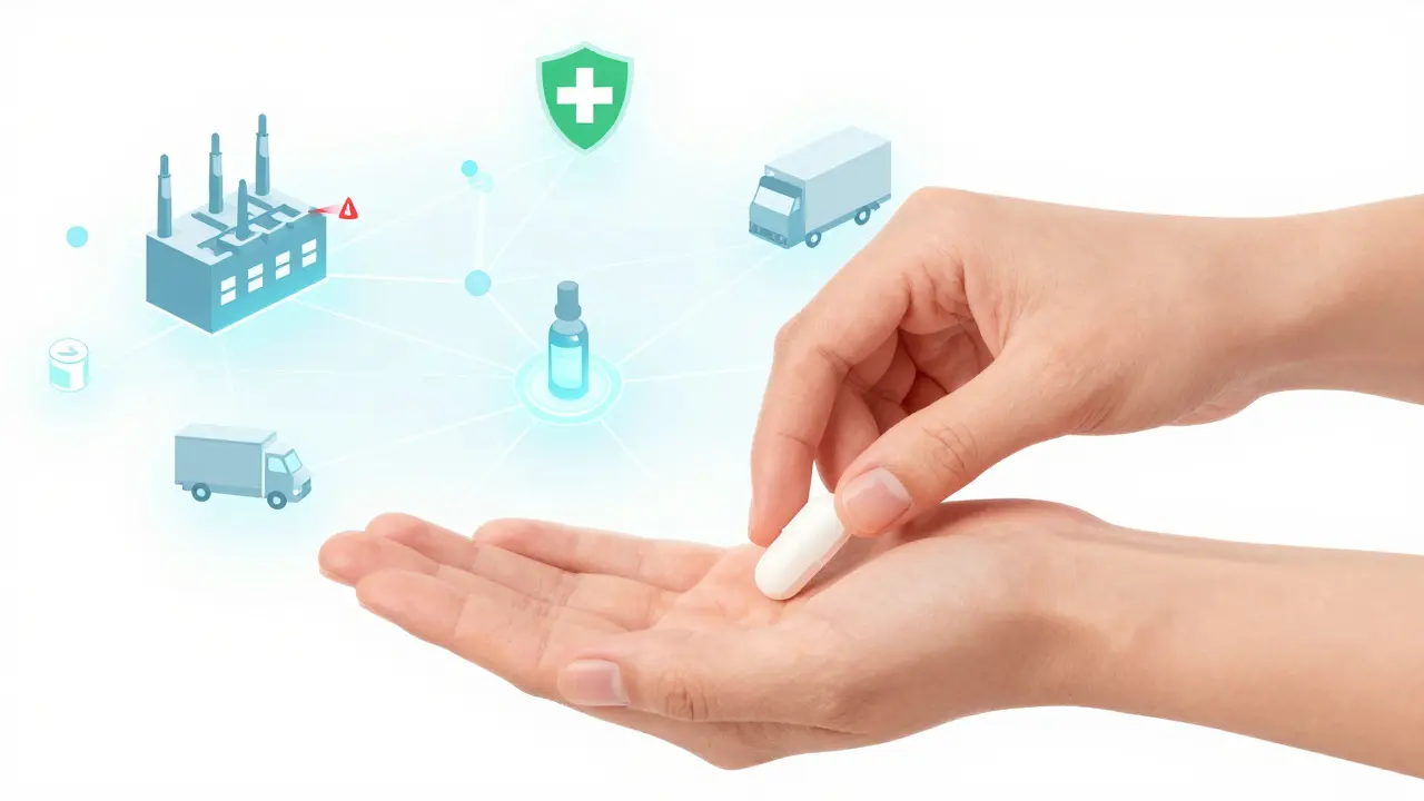 Hand giving a pill to a patient, with a transparent digital twin network glowing behind.