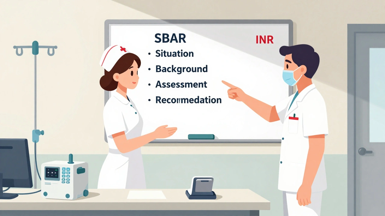 Healthcare workers conducting structured handoff using SBAR method at nurse station.