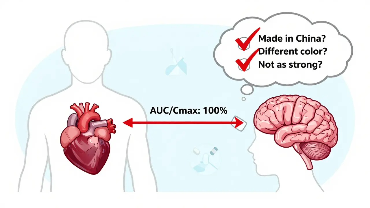 Human silhouette with heart and brain, generic pill delivering medicine evenly, fears crossed out with checkmarks, clean geometric design.