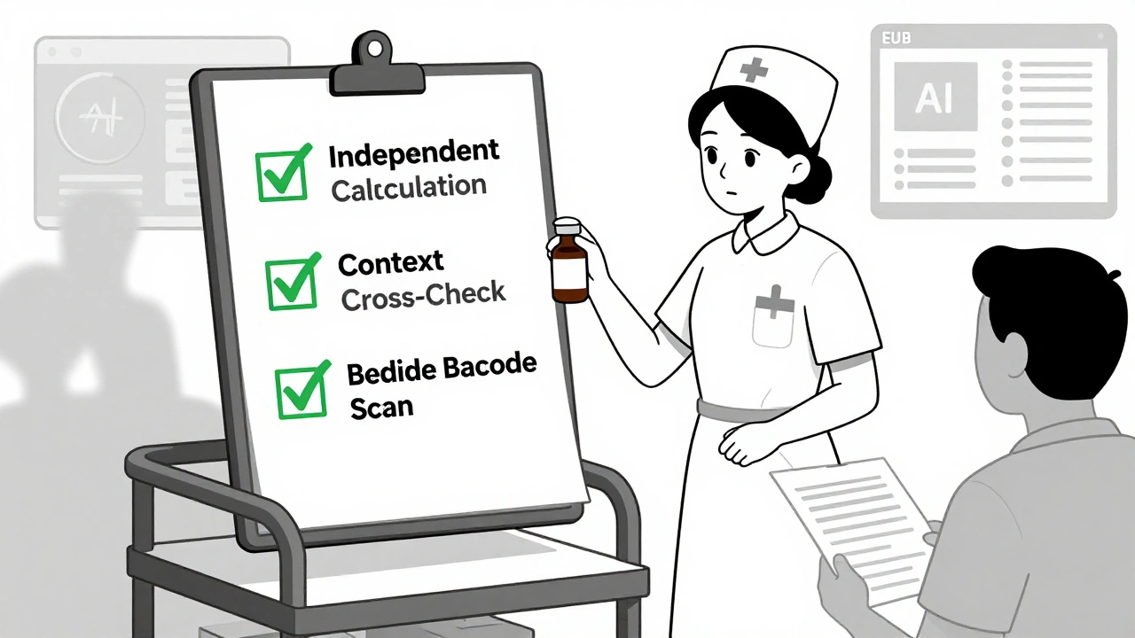 Nurse following a three-step verification checklist on a mobile med cart.