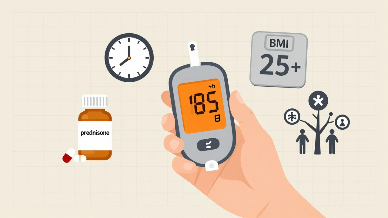 Patient monitoring blood sugar while surrounded by icons representing steroid dose, BMI, and time risk factors.