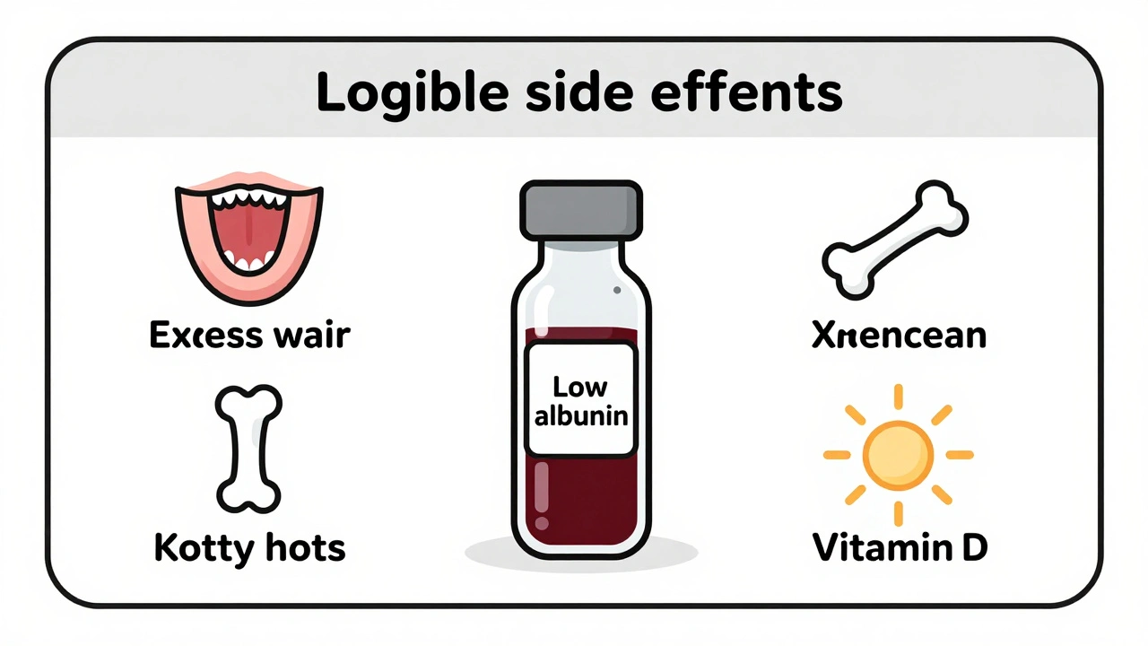 Patient profile with icons for long-term phenytoin side effects surrounding a blood vial and low albumin tag.