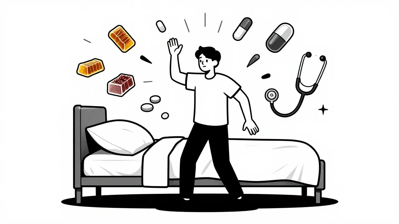 Person dazed beside bed with floating cannabis and medication icons causing disorientation.