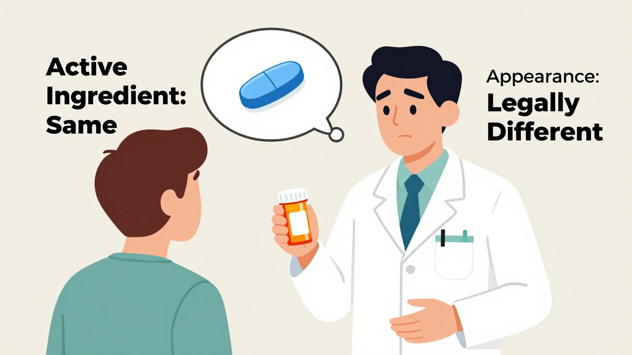 Pharmacist giving prescription to patient, thought bubble shows pill appearance change with clear labels.