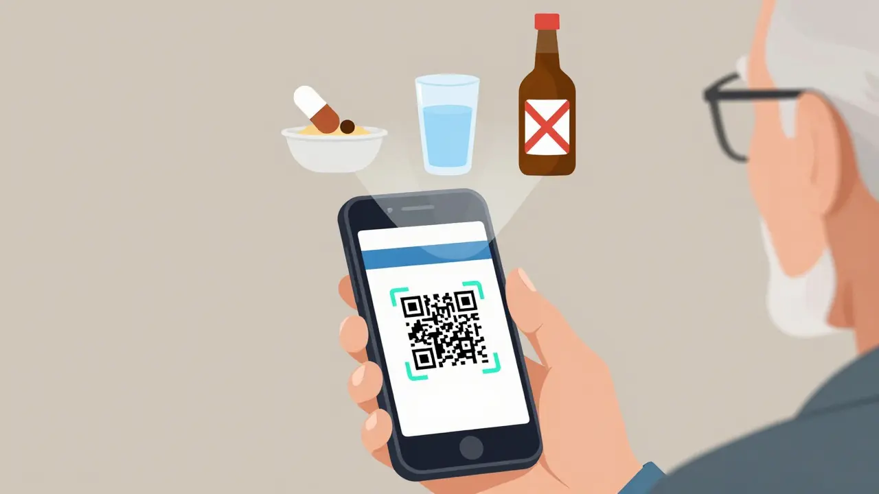 Senior scanning a QR code on a medication label, with a simple animated guide appearing above.