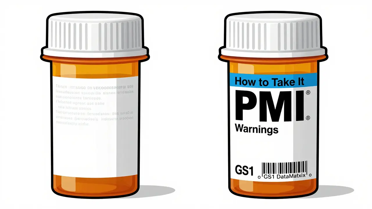 Side-by-side comparison of old and new prescription labels showing improved readability and design.