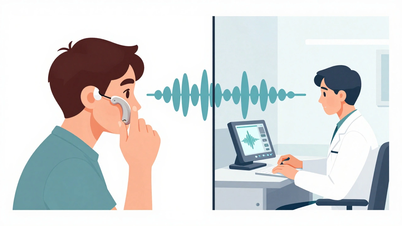 Side-by-side comparison of remote hearing test at home and in-clinic, both showing identical sound wave graphs in minimalist design.